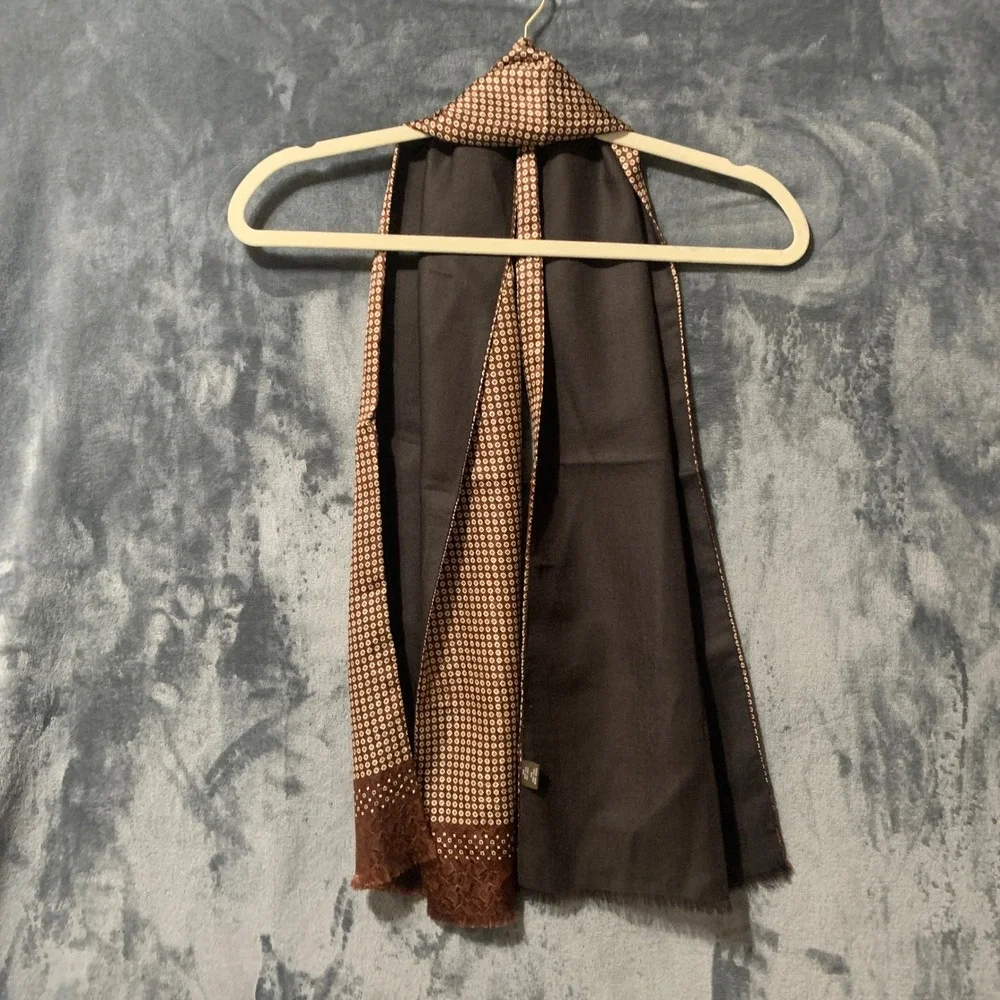 Scarf Mens Silk Wool Double Sided Brown Geometric Medallion Italy Quiet Luxury